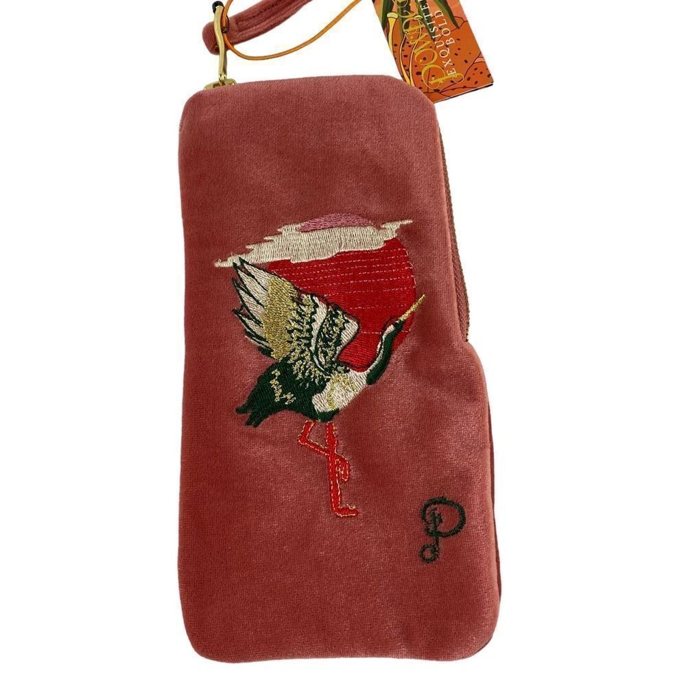 Velvet Glasses Pouch Crane at Sunrise petal pink zips silky lined